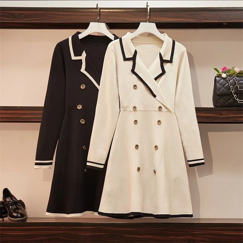 

2019 Autumn Office Notched Double-Breasted Knitted Sweater Dress Female Pullover Hit Color Long Sleeve Elegant Mini A-line Dress
