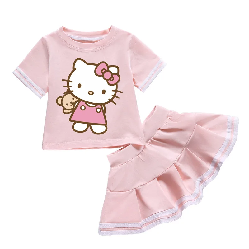 thumbnail image 1 of Hello Kitty-traje de dos piezas de algodón con dibujos animados para niñas, camiseta de manga corta con cuello redondo y Falda plisada, traje bonito y dulce, 1 of 5