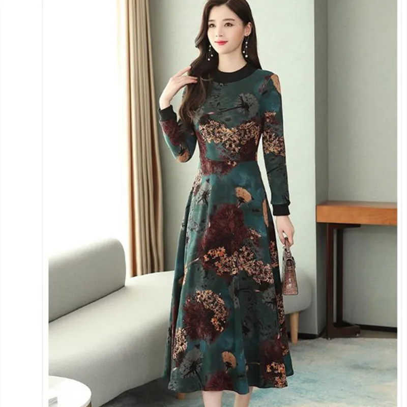 Elegante Losse Jurken 20120 Nieuwe Lente En Herfst Lange Mouwen Jurk Fluwelen Dikke Print Bloem Midi Jurk Mode Temperament Elegante Losse Jurken 20120 Nieuwe Lente En Herfst Lange Mouwen Jurk Fluwelen Dikke Print Bloem Midi Jurk Mode Temperament