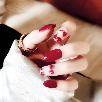 

24pcs Rose Red False Nail Ladies Wedding Full Nail Tips with Gold Powder Round Fake Nails Manicure