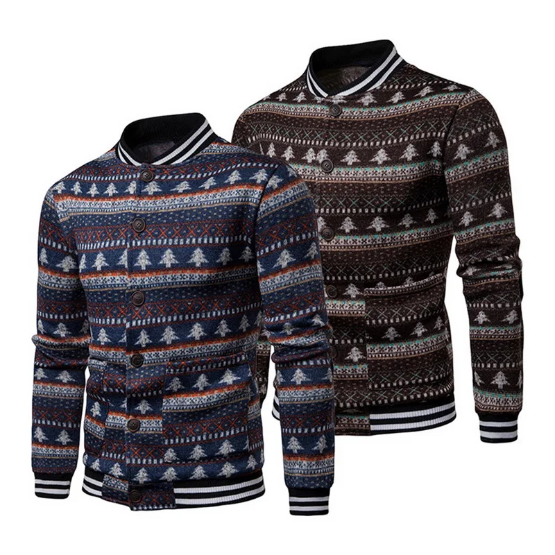 MoneRffi Christmas Print Male Casual Patchwork Slim Knitting Mens Sweaters Jacket Coat for Men Autumn Cardigan Sweater