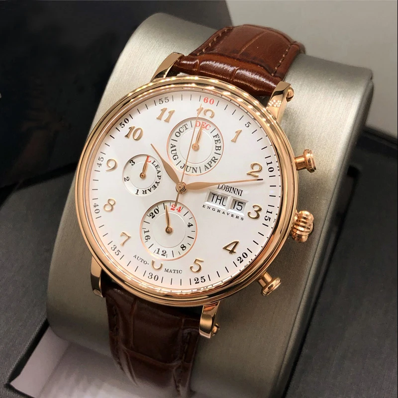 US $100.95 Switzerland LOBINNI Men Watches Luxury Brand Perpetual Calender MultiFunction Auto Mechanical Sapphire Leather Clock L130196