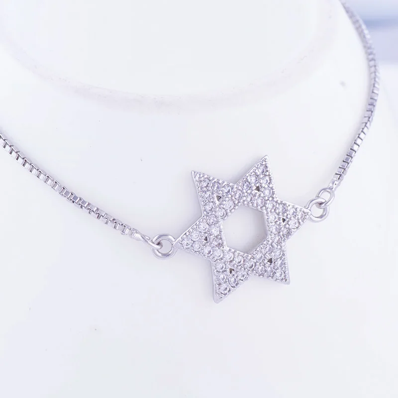 White Gold DIY ремесло ювелирные изделия браслеты с подвесками микро проложить Циркон звезда браслеты со звездой Давида для женщин девушек Регулируемая цепочка иудаизм браслеты - Окраска металла: White Gold