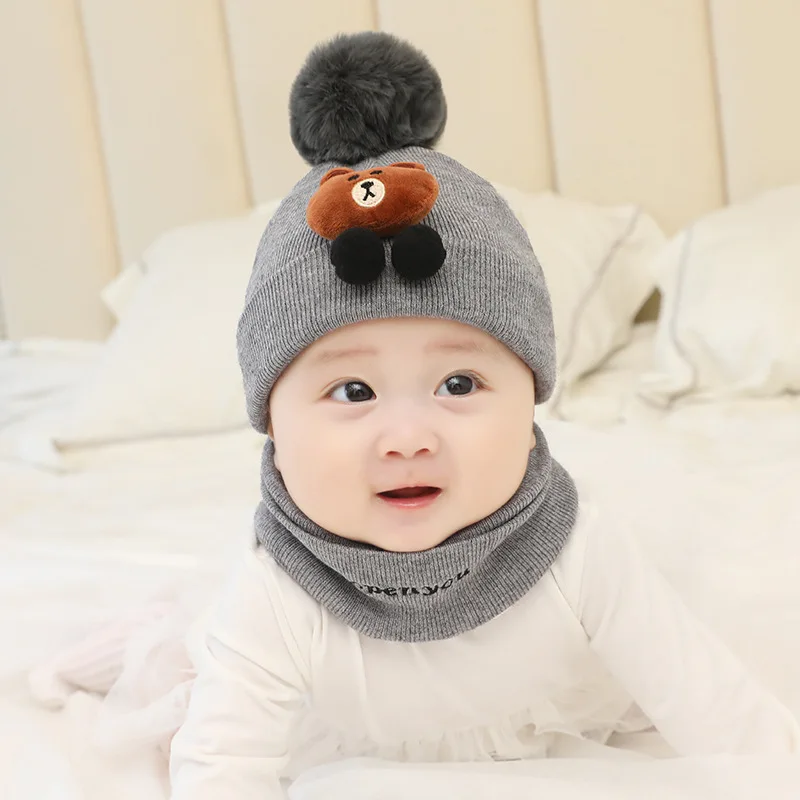 Cute Girl Boy Knitted Cap Winter Scarf Ear Flap Warm Hat Suit For 1-3 Yrs Toddler Kids Beanies Scarfs Set Wholesale - Цвет: Серый