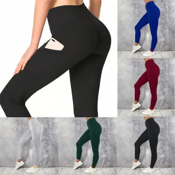 

KLV 2019 Women Yoga Pants Side Mobile Phone Pocket Sports Running Gym Training High Waist Tights Leggings With Pockets