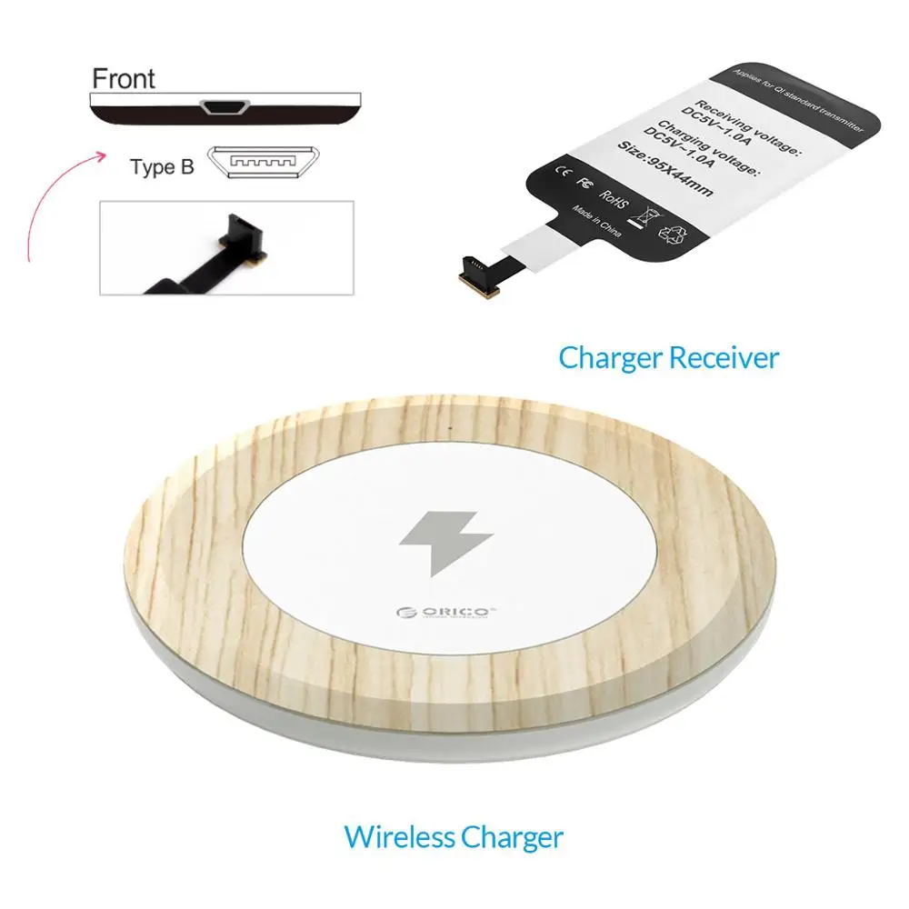 ORICO Qi Беспроводное зарядное устройство Быстрая зарядка быстрая Беспроводная зарядная площадка с бесплатным зарядным приемником для iPhone X 8 Plus samsung huawei - Цвет: TI Chip for Type-B
