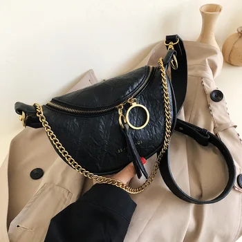 

Best Selling Korean Ladies Chain Chest Bag 2019 New PU Leather Fashion Ring Zipper Design Woman Solid Color Casual Small Pockets