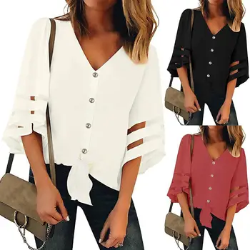 

Women Solid Color V Neck Stitching Mesh 3/4 Flared Sleeve Single-breasted Shirt Solid Color Stitching Hollow out Lacework Shirt