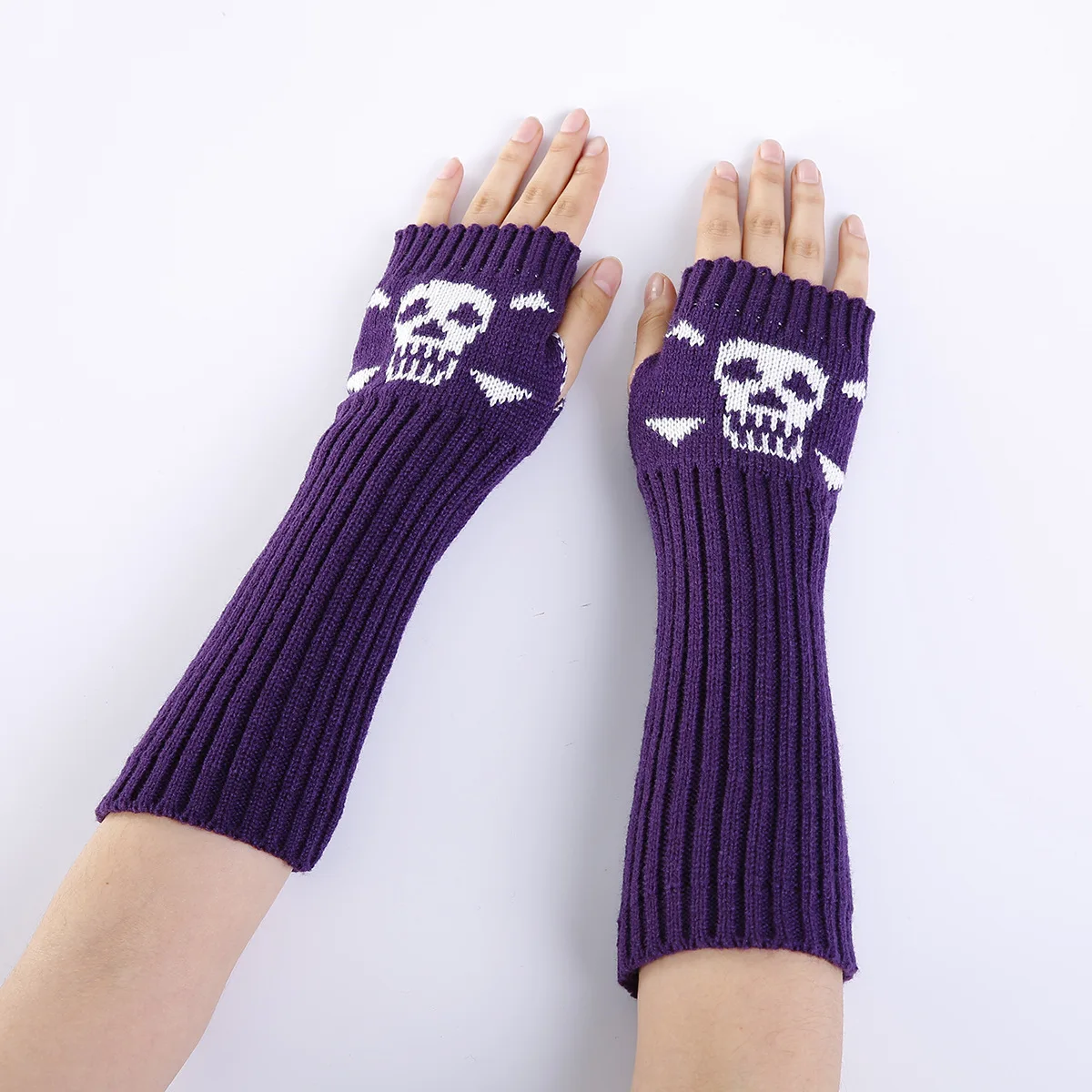 Women Gothic Knitted Skull Gloves 2021 Unisex Stretch Dark Ninja Cool Elbow Length Winter Arm Warmer Hipster Black Long Mittens