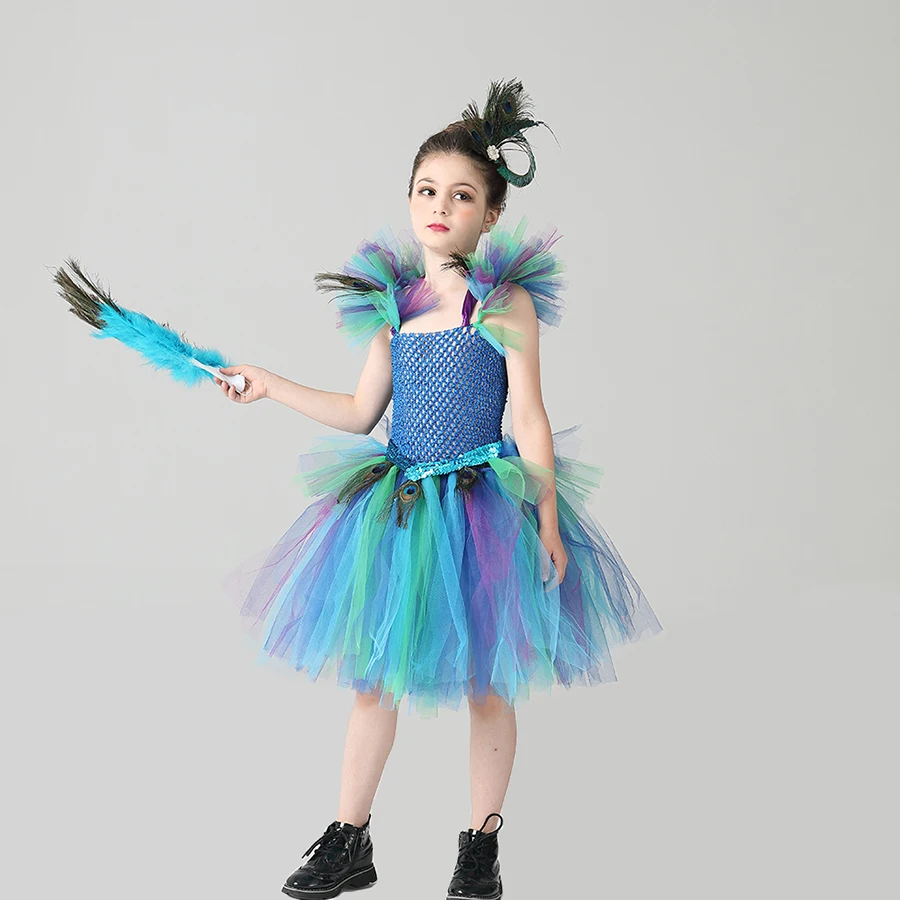 Couture Royal Peacock Girls Tutu Dress with Feather Clip Peacock Bird Carnival Fancy Dress for Kid Halloween Party Purim Costume (5)