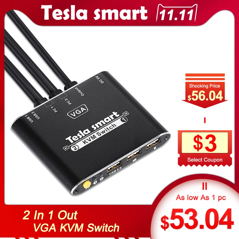 Tesla smart Новый высокое качество 2 порты и разъёмы USB VGA Кабельный коммутатор kvm с дополнительной 2,0 Поддержка 1080 P