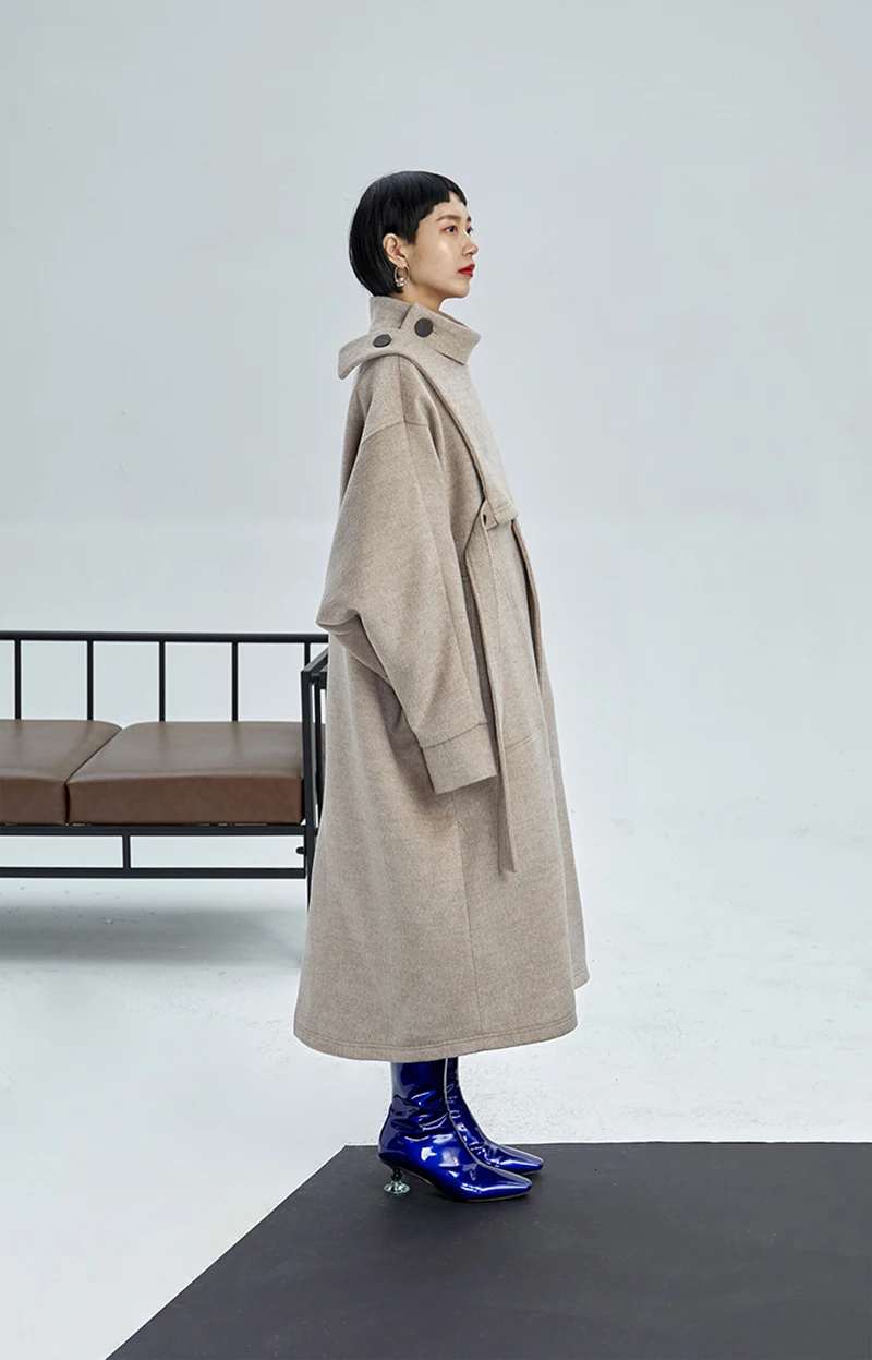 [EAM] Свободное длинное шерстяное пальто с разрезом большого размера, парка, новинка, длинный рукав, женская мода, Осень-зима, 1K711