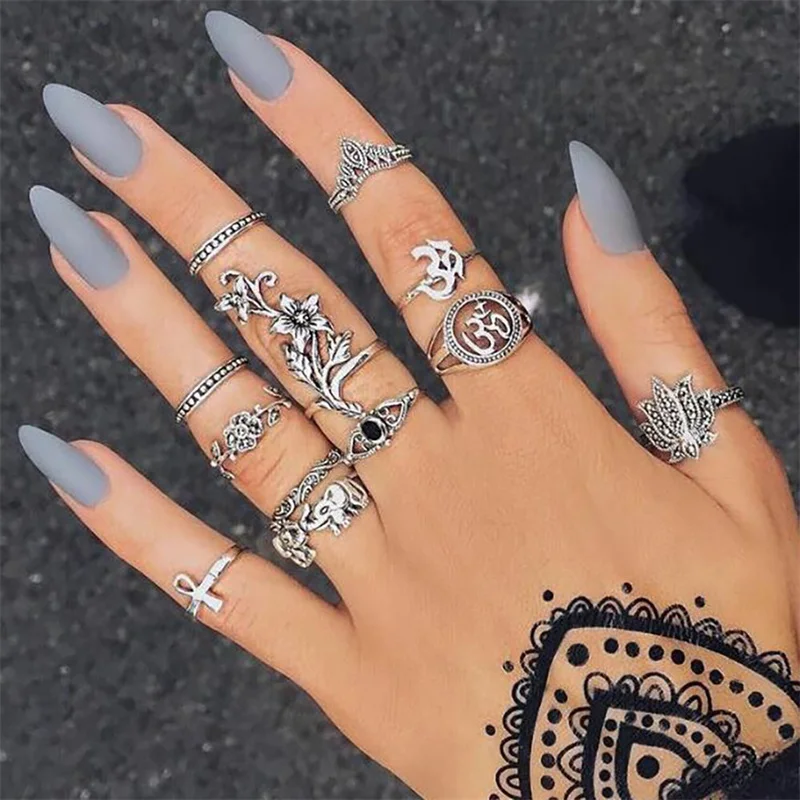 

FNIO 12 Pcs/set Women Bohemian Silver Rose Elephant Cross Crystal Lotus Yoga Joint Ring Set Party Birthday Jewelry Accessories