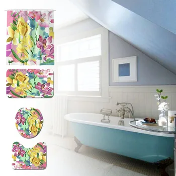 

4pcs Floral Shower Curtain Set Pedestal Rug Soft Non Slip Washable Lid Toilet Cover Floor With Hooks Waterproof Colorful