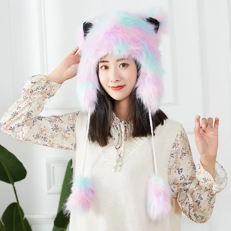 Multi color 02 Зимние женские теплые бархатные толстые милые Мультяшные лисички ушанка Норт уличная меховая шапка животных - Цвет: Multi color 02