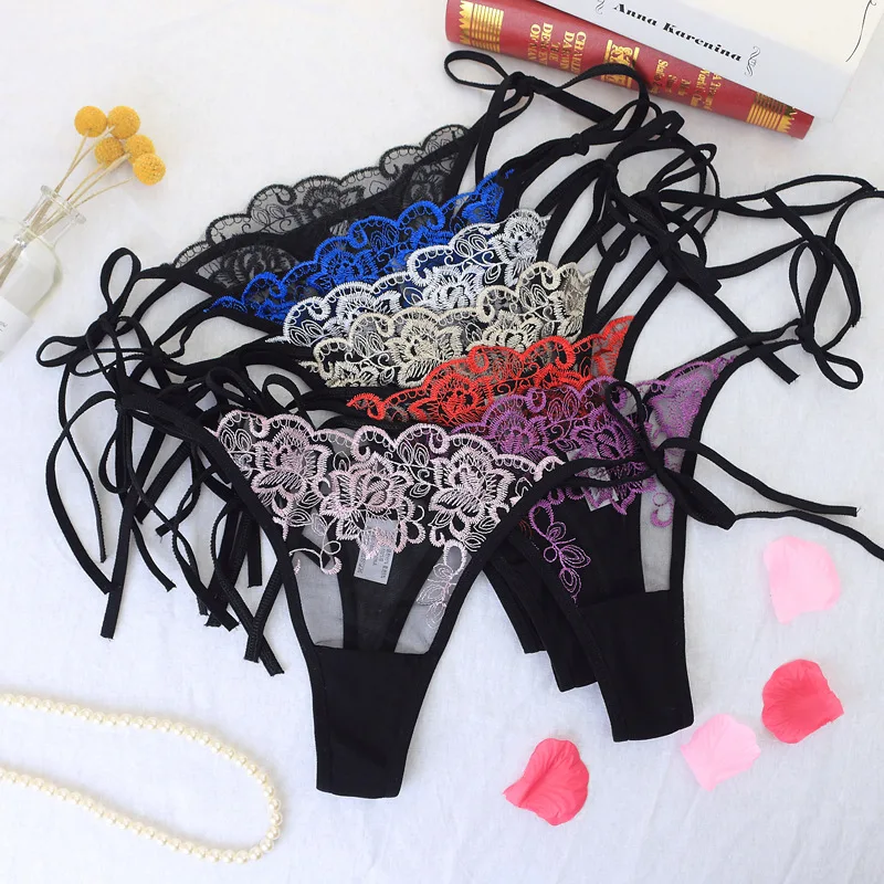 Sexy girls lace up underwear translucent thong mesh lace embroidered panties t-back Feminino Lingerie erotic underpants