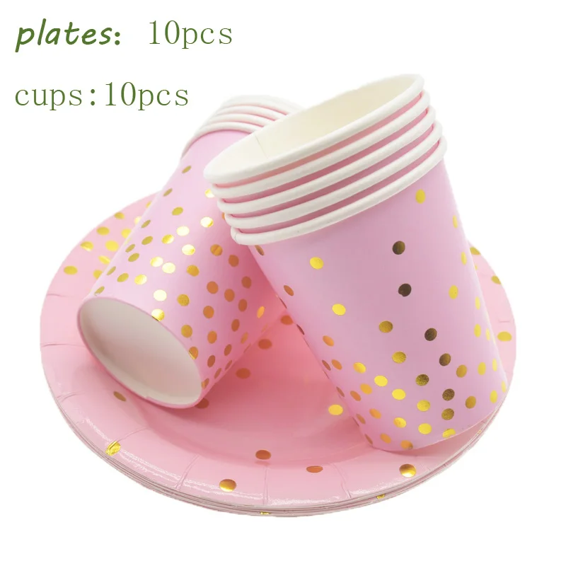 Розовые бумажные тарелки и соломки, свадебные украшения, подарок подружки невесты, одноразовая посуда из золотой фольги, украшения для дня рождения, для девочек