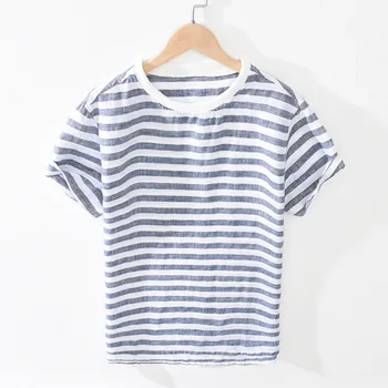 

Men Striped Tshirts 2020 Harajuku Pure Linen Tops Mens Colorful Yellow Tshirts Couple Streetwear T-shirts Tees
