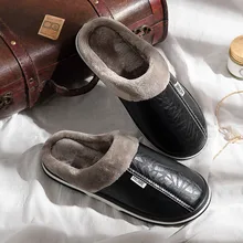 Дропшиппинг тапочки домашние кожаные зимние водонепроницаемые теплые домашние меховые мужские тапочки женские парные туфли на платформе Пушистые Большие размеры