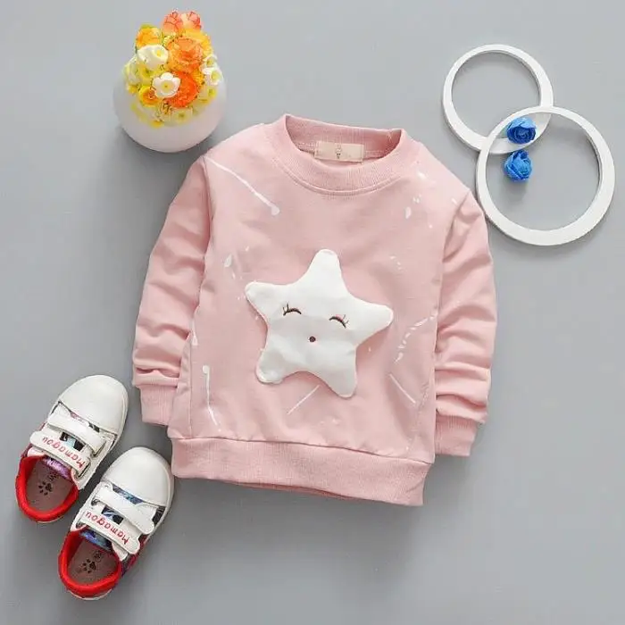 Y713 Children's clothing cotton Star Patch T-shirt long-sleeved spring top baby 1-2-3 years round neck cartoon anime shirt girl