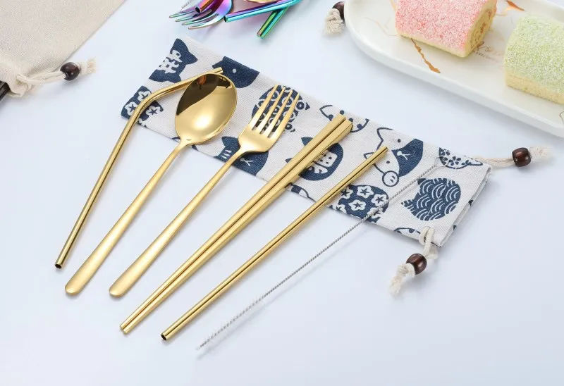 Creative Titanium Portable Tableware 6 Pieces Color 304 Stainless Steel Spoon Chopsticks Set Straw Combination