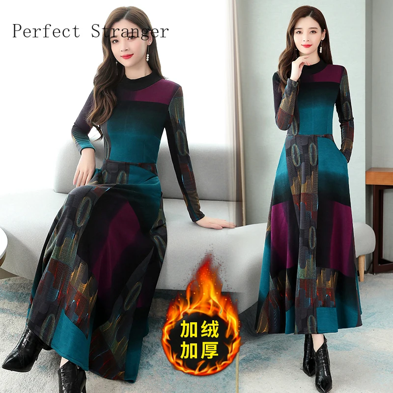 2020 Autumn Winter New Arrival High Quality Plus Size M-3XL Stand Collar Thicken Brushed Color Block Women Long Dress
