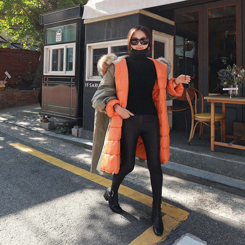 Большой натуральный мех енота 2020 новый длинный пуховик женский свободный теплый