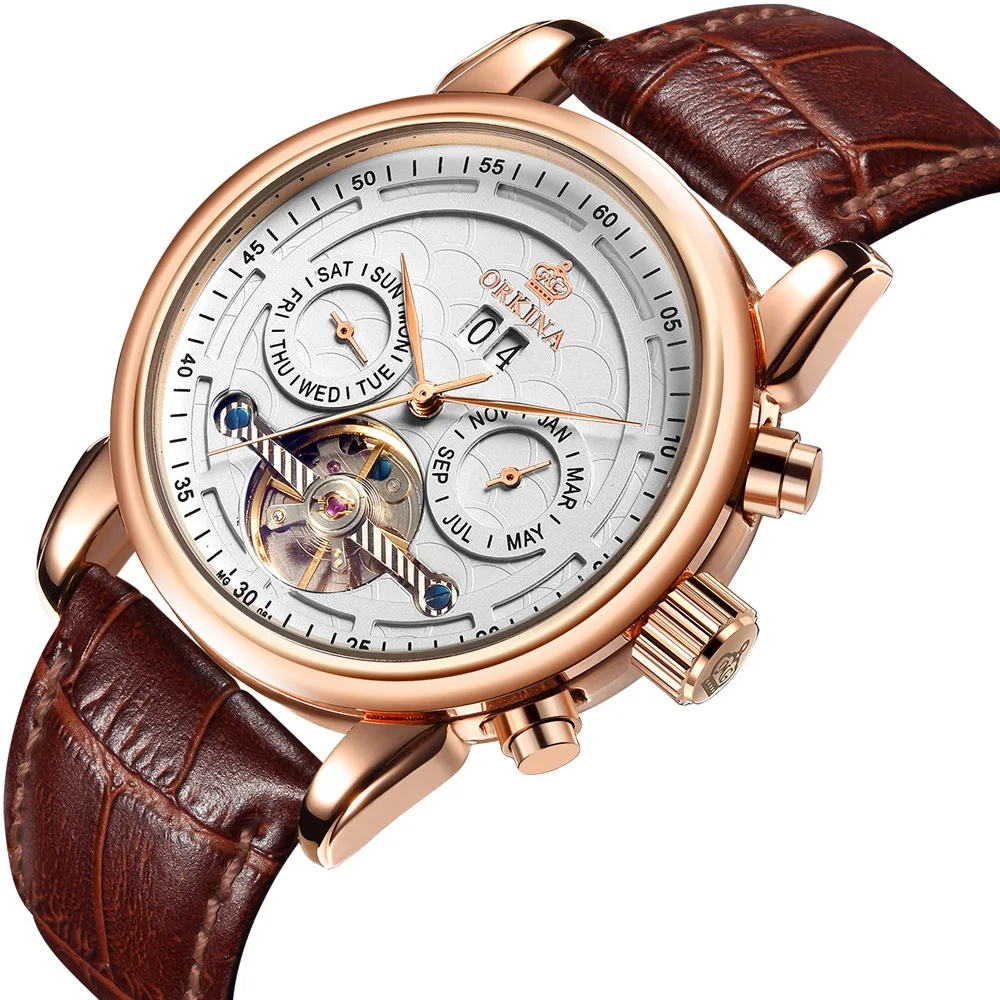 Мужские полые часы Tourbillon автоматические механические часы Календарь многофункциональный ремень мужские часы