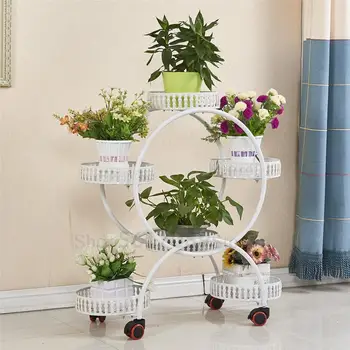 

Household flower racks wrought iron multi-layer wheeled floor-standing green flower pot rack living room balcony flower shelf