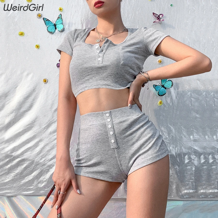 

Women Casual Sets Two Pieces Knitted Soft Fabric Slim T-shirts High Waist Stretchy Shorts Home Wear Solid Suits 2020 Spring