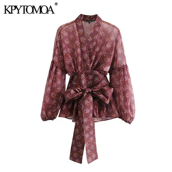 

KPYTOMOA Women 2020 Fashion Print With Bow See Through Wrap Blouses Vintage V Neck Long Sleeve Female Shirts Blusas Chic Tops