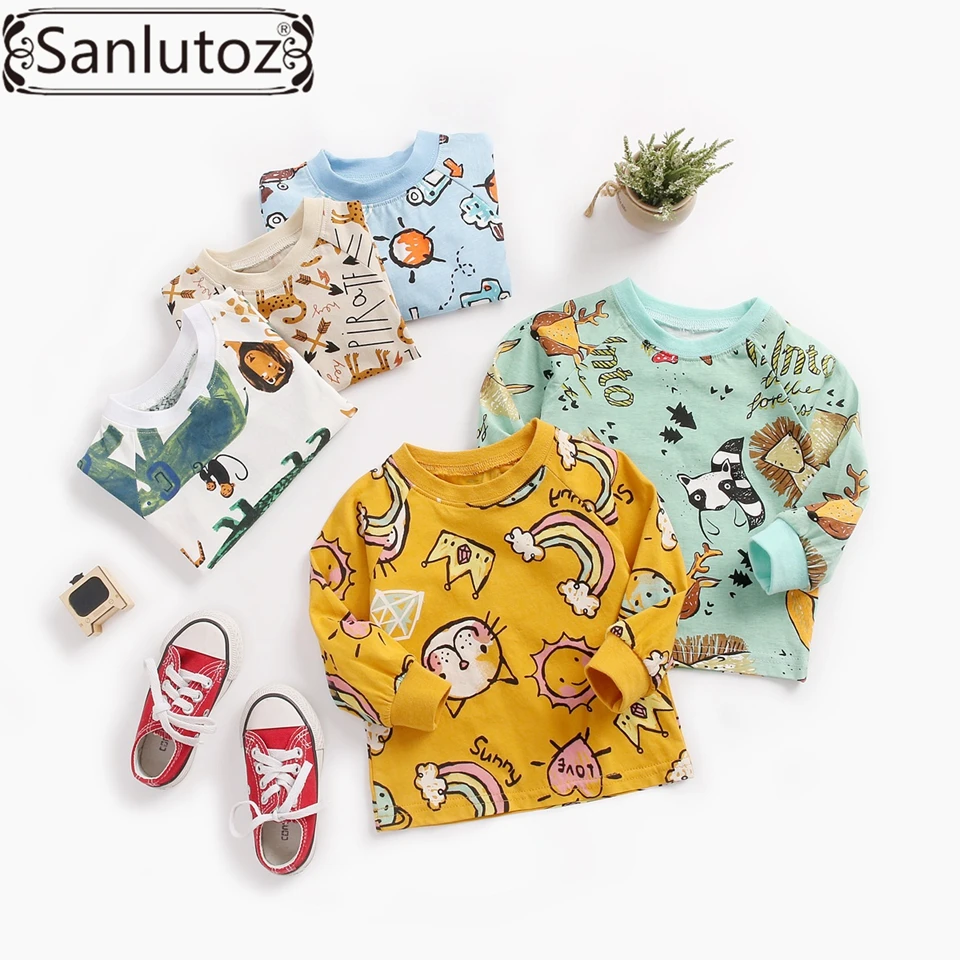 Sanlutoz/футболка для новорожденных мальчиков; хлопковые топы для младенцев; модная детская одежда с длинными рукавами и принтом с героями мультфильмов