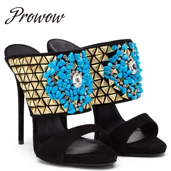 

Prowow Stiletto Women Mules Bohemia Exotic Peep toe high heel Shoes Woman Madame High heel Slippers point toe Slides Women