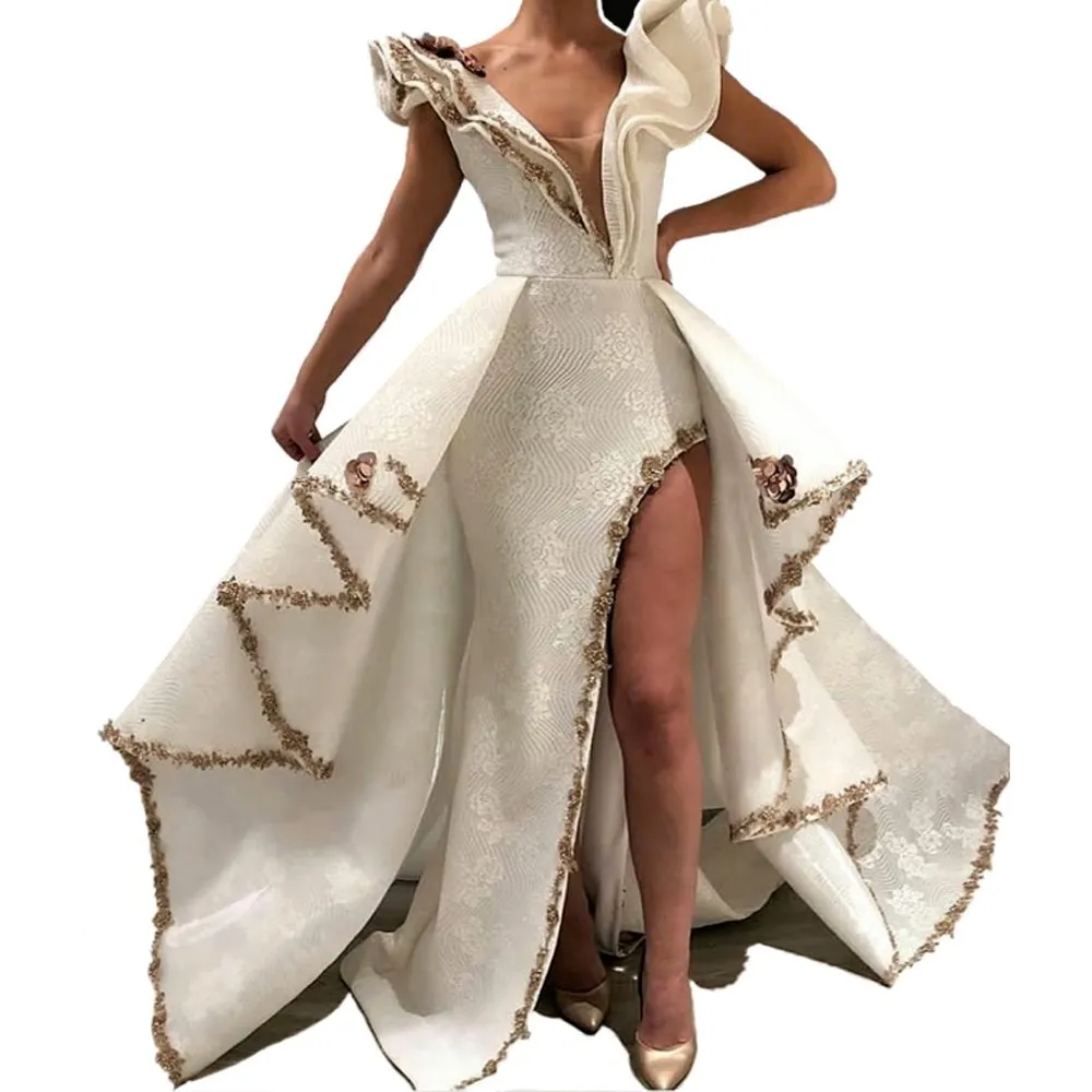 

New Arrival Special Muslin Celebrity Dresses Deep V-Neck Sleeveless High Side Split Sexy Evening Red Carpet Runaway Gowns