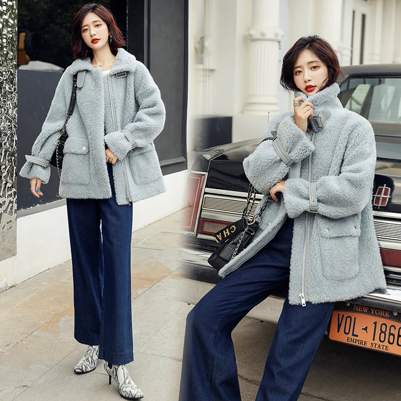 

YASUGUOJI Fall 2019 Coats and Jackets Women Streetwear Women Fur Jacket Fashion Pockets Loose Jacket Women Cropped Jacket