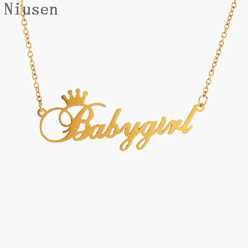 NewPersonalizedBabyGirlNecklaceWithCrownStainlessSteelBabygirlLetterNecklaceBirthday