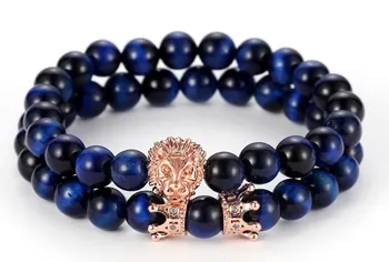 

8mm 2PCS/Set tj4 elastic adjusted nature blue Tigereye bead micro pave cz zircon cubic zirconia Lion head Crown Bracelet