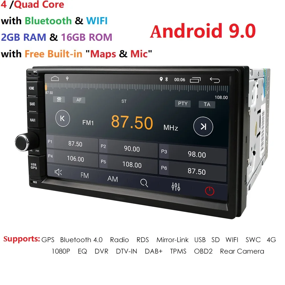 2 Din Android 9.0 Car Radio Stereo 7&quot1024*600 Universal Player GPS Navigation Wifi Bluetooth USB Audio No DVD | Автомобили и