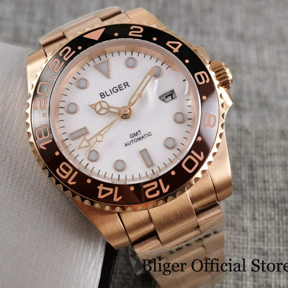 

BLIGER Rose Gold Automatic Men Wristwatch Sapphire Glass Rotating Bezel GMT Hand White Dial Deployment Clasp