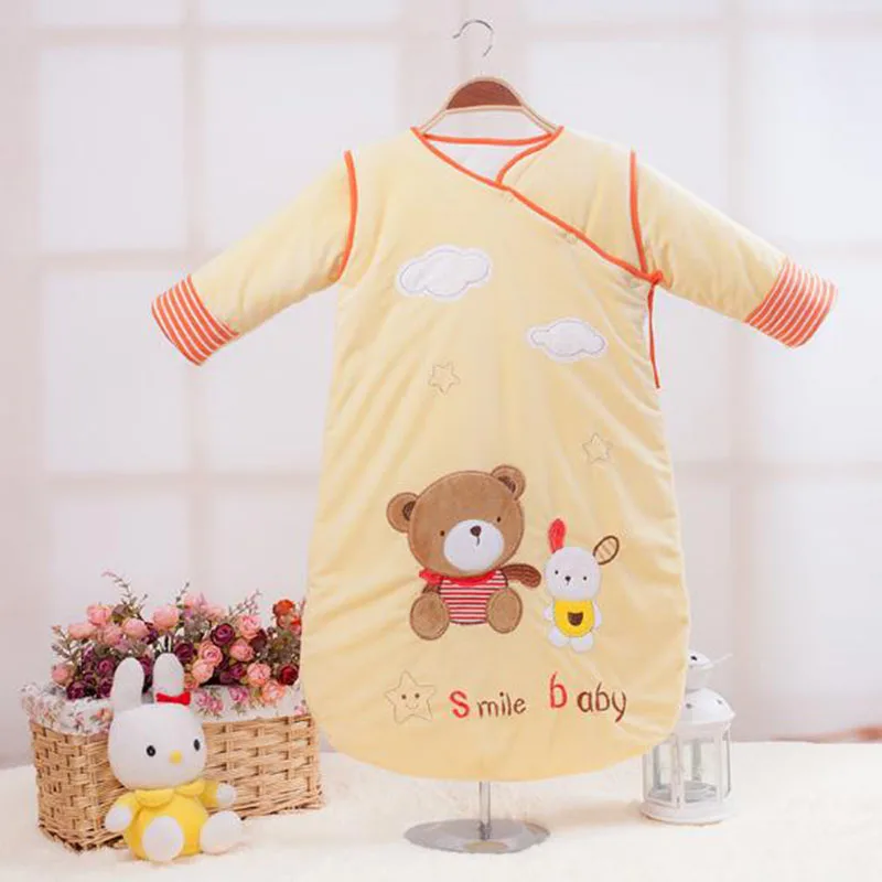 Yellow Спальный мешок с длинными рукавами для малышей, 80 см, 3 цвета, хлопковая пеленка для сна, зимняя сумка для малышей - Цвет: Yellow