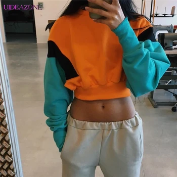 

UIDEAZONE Women Long Sleeve Short Hoodie Sexy Contrast Color Cropped Hoodies Sweatshirt Pullover Harajuku Hoodies Streetwear
