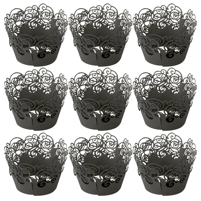60 шт бумажные обертки для кексов обертки для пирожных 9 см выдалбливают узор высокая термостойкость для инструменты для украшения выпечки, торта - Цвет: Черный