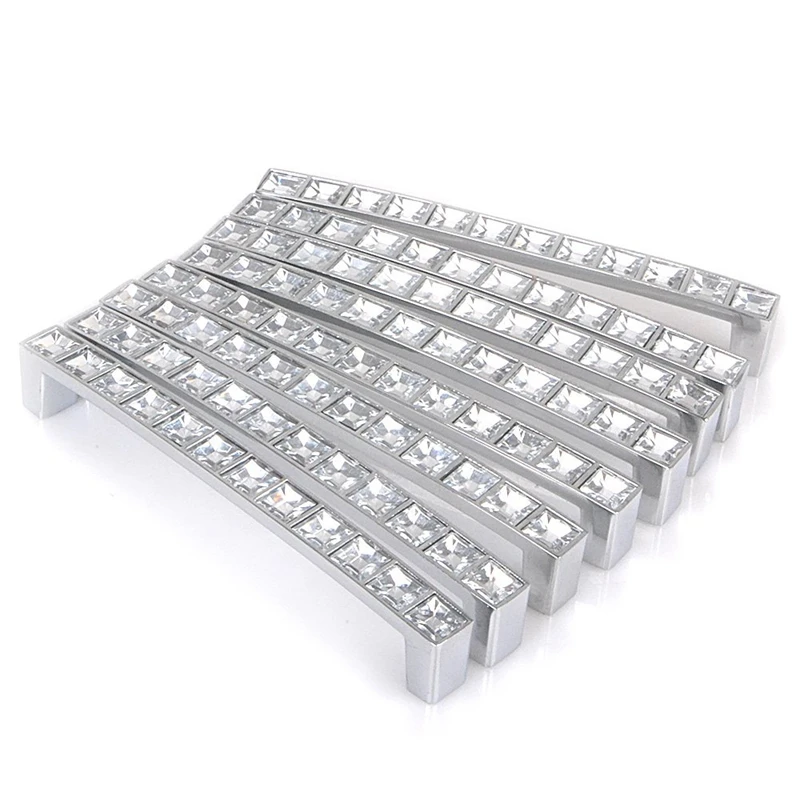 Pack Of 8 Europe Style Square Clear Crystal Rhinestone Furniture Door Wardrobe Cupboard Cabinet Drawer Pull Handle Knobs 128Mm furniture door handle