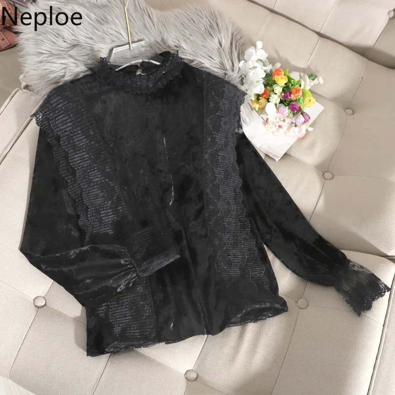 Neploe, элегантные, кружевные, с оборками, золотые, вельветовые, Blusas, осень-весна, новинка, Ins, водолазка, расклешенная, длинный рукав, блузка, тонкая рубашка