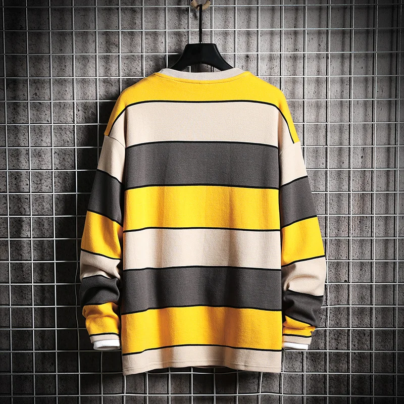 Waliicorners Mens Crewneck Sweatshirt Men Orange Striped Oversized Japanese Streetwear Harajuku Hoodie Men Sweatshirts Male 8 黄色 (2)