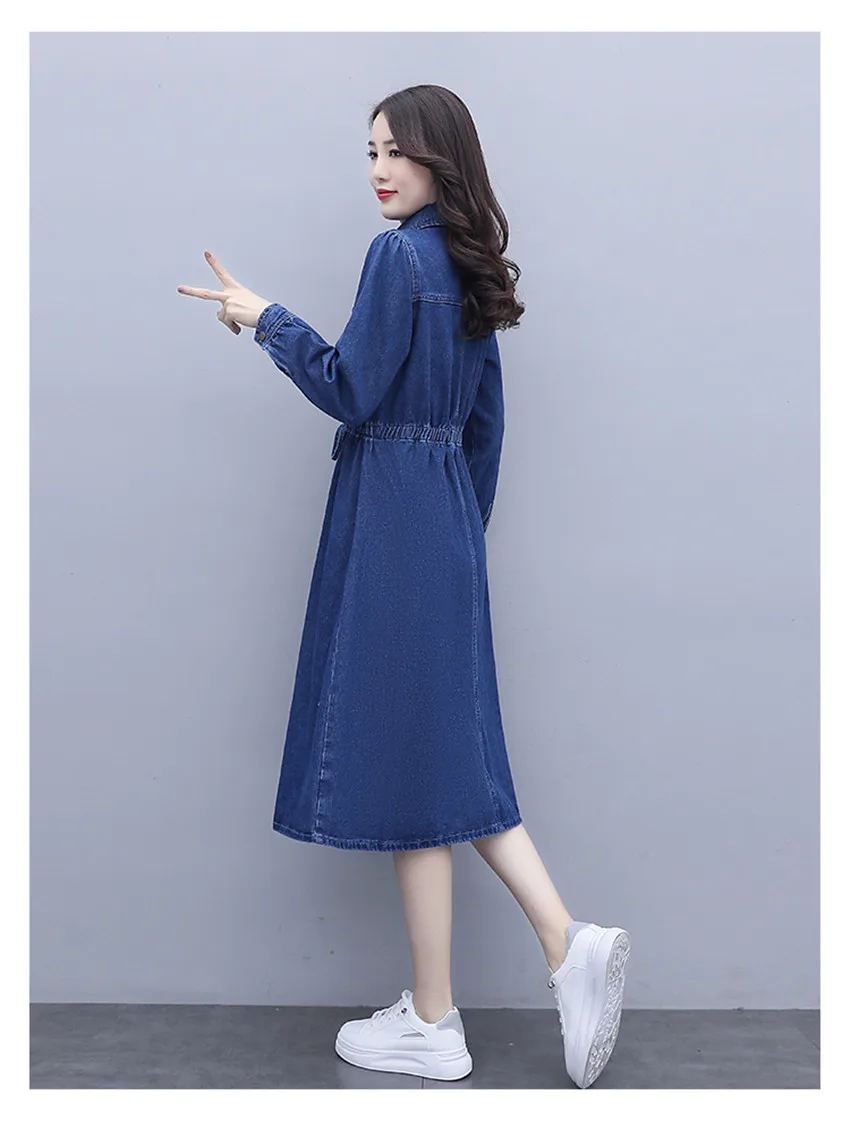 אופנה ג 'ינס שמלות אביב סתיו מקרית ארוך חולצת ג' ינס שמלת נשים ארוך שרוול כפתור Midi עגל שמלות בציר Vestidos