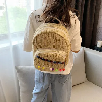 

Straw Hemp Woven Schoolbag Backpacks Children Mini Zipper Brand Backpack 2020 Girls Casual Book Mochila Hairball Tassel Rucksack