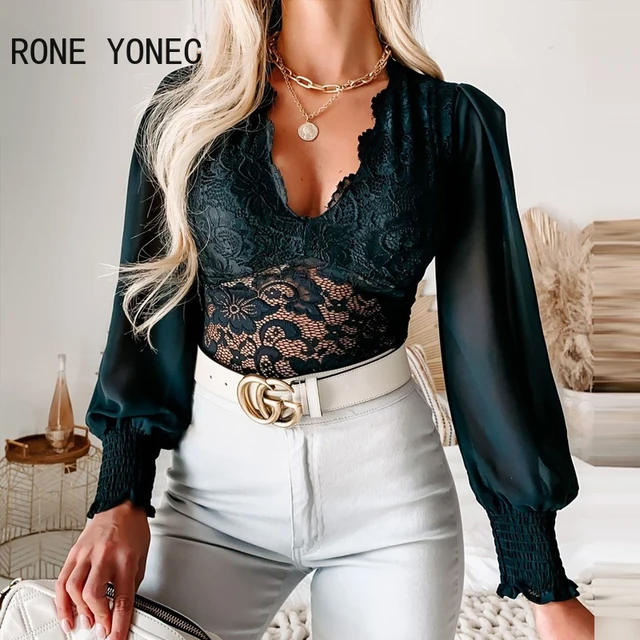 Women Chic Solid V Neck Chiffon Lattern Sleeves Lace Sexy Black Blouse Tops  - Women Blouse - AliExpress