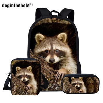 

Doginthehole Cute Raccoon School Bag Set for Kids Animals Backpacks Children's Travel Bag Teen Student Book Bag Mochila escolar