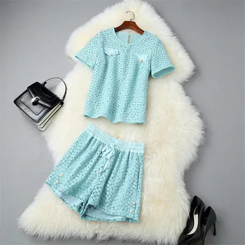

High Fashion Women Two Piece Summer Sets 2020 Designers Short Sleeve Lace Top and Shorts Suit Matching Sets Casual Outfits